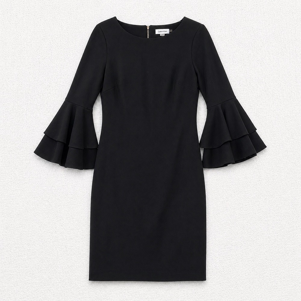 Calvin Klein Black Tiered Ruffle Bell Sleeve Sheath Dress Size 4 CD8C117C